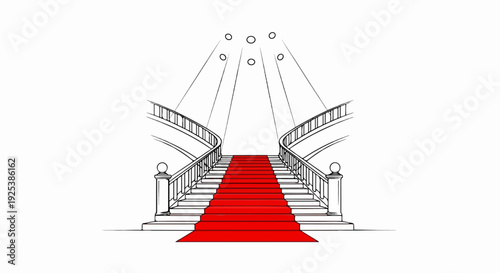 Elegant red carpet leads up sweeping staircase to spotlights