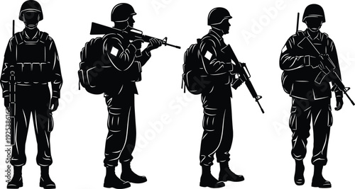 Soldier Silhouette Set with Armed Military Troops Standing and Walking Poses for Army, Defense, Security, and Tactical Vector Design.