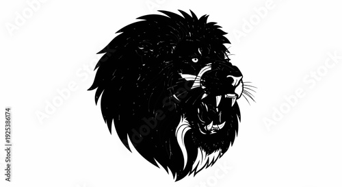 Fierce black lion head with open mouth and sharp teeth