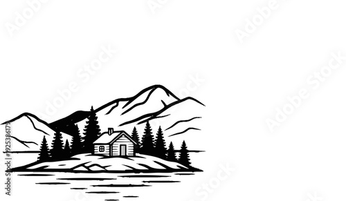 Rustic cabin nestled amongst pine trees beside a calm body of water with mountains