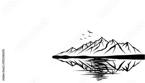 Stylized black and white mountain range reflected in rippling water with birds