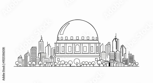 Stylized cityscape with a prominent dome building and modern skyscrapers, a line drawing