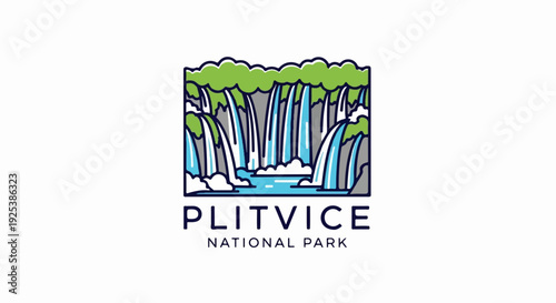 Stylized depiction of multiple cascading waterfalls amidst lush greenery