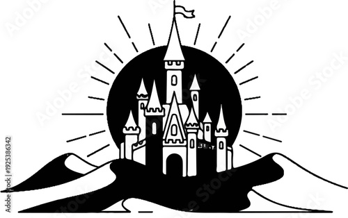 Stylized fantasy castle with spires silhouetted against a sunburst and rolling hills