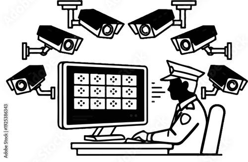 Security guard monitoring multiple cameras on a computer screen