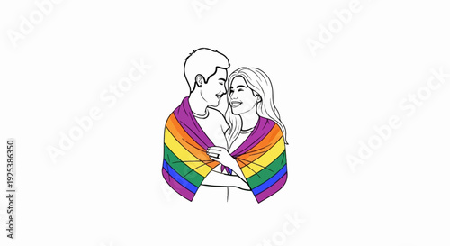 Couple embracing under a rainbow flag, black and white line drawing