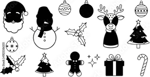 Christmas icons Santa, snowman, reindeer, trees, ornaments, gifts, candy cane, holly, gingerbread