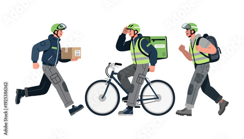Delivery Courier Action Set Illustration – Three Poses with Bike, Running & Package