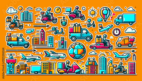 Delivery & Logistics Icons Illustration – Colorful Set with Trucks, Scooters, Planes for E-Commerce, App & Marketing Design