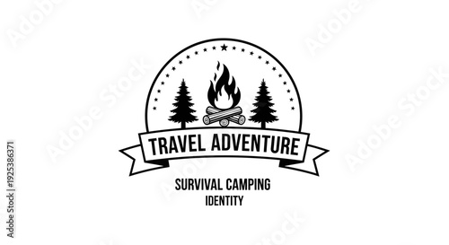 Outdoor Travel Adventure Camping Emblem with Campfire and Pine Trees Icon Design