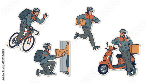 Delivery Courier Sticker Set Illustration – Four Dynamic Poses with Bike, Scooter & Package