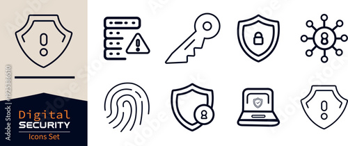 Antivirus Security line art Icon Bundle featuring lock verification, firewall, digital privacy, authentication, network safety,
vector silhouettes Logo element set