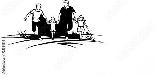 Family of four running hand in hand across grassy terrain