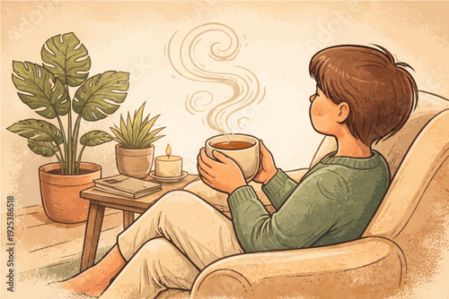 A moment of serene comfort, a person unwinding in a cozy armchair with a warm, steaming beverage, embracing tranquility and quiet reflection in a peaceful home setting