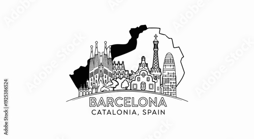 Barcelona skyline silhouette with iconic buildings and text