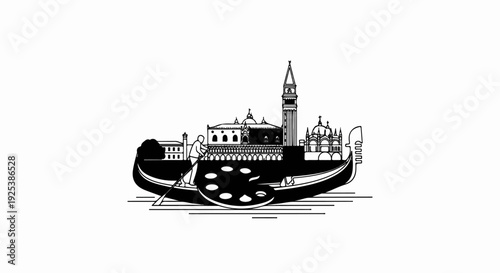 Artistic gondola silhouette with famous buildings and a painter at work