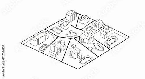 Isometric illustration of a suburban neighborhood with various houses and pools