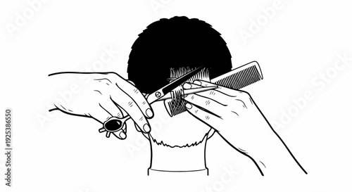 Hands trimming hair with scissors and comb, close-up, black and white illustration
