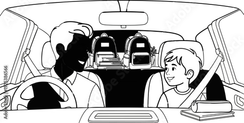 Man and boy in car with backpacks and books