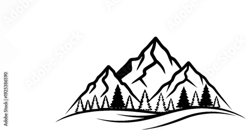 Minimalist line art of three jagged mountains with pine trees below