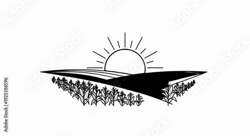A stylized agricultural landscape with a rising sun over fields and crops