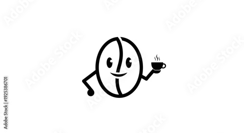 Smiling Coffee Bean Character Holding Steaming Hot Cup of Coffee