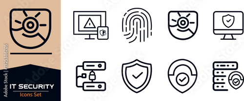 Encryption Security Icons set and shield firewall, secure, connection, access control, fingerprint, 
protection, network, silhouettes vector Logo element design