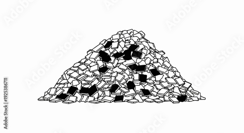 A large, black and white illustration of a huge pile of books