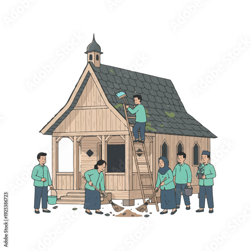Community members actively participate in cleaning and maintaining a small, charming wooden mosque, fostering a sense of togetherness and spiritual upkeep