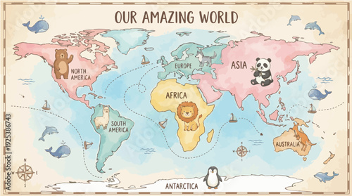 A Whimsical Illustrated World Map Featuring Continent Animals and Nautical Icons for Educational and Decorative Purposes