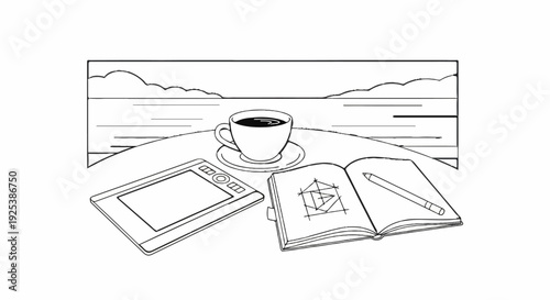 A cup of coffee sits on a table next to a drawing tablet and sketchbook