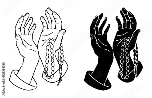 Silhouette ofHands Praying Holding Prayer Beads Spiritual Devotion Illustration. Suitable for spiritual content, religious education, meditation themes, inspirational designs, and faith-based visuals.