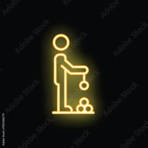 Neon icon of person playing with kendama toy on black background