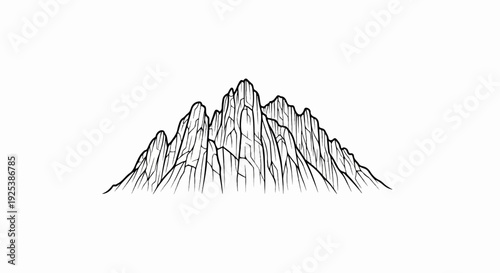Stylized black and white outline drawing of jagged mountain peaks