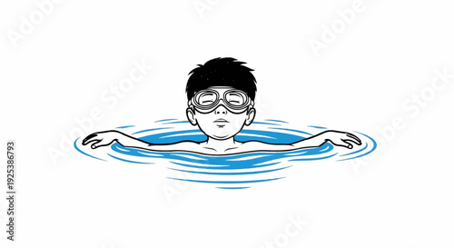 A boy wearing goggles floats peacefully in blue water, arms outstretched