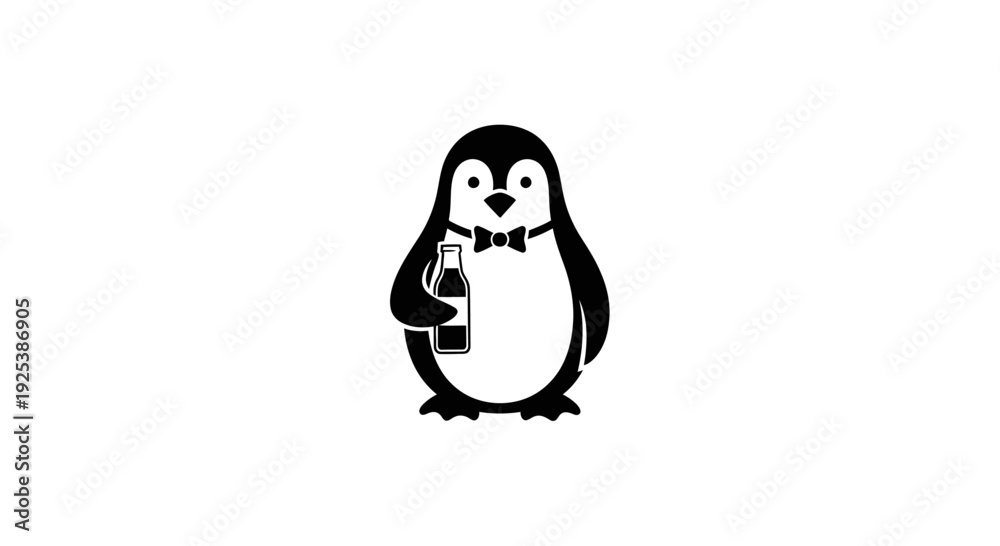Obraz premium Stylish Cartoon Penguin with Bow Tie Holding a Bottle - Monochrome Vector Illustration