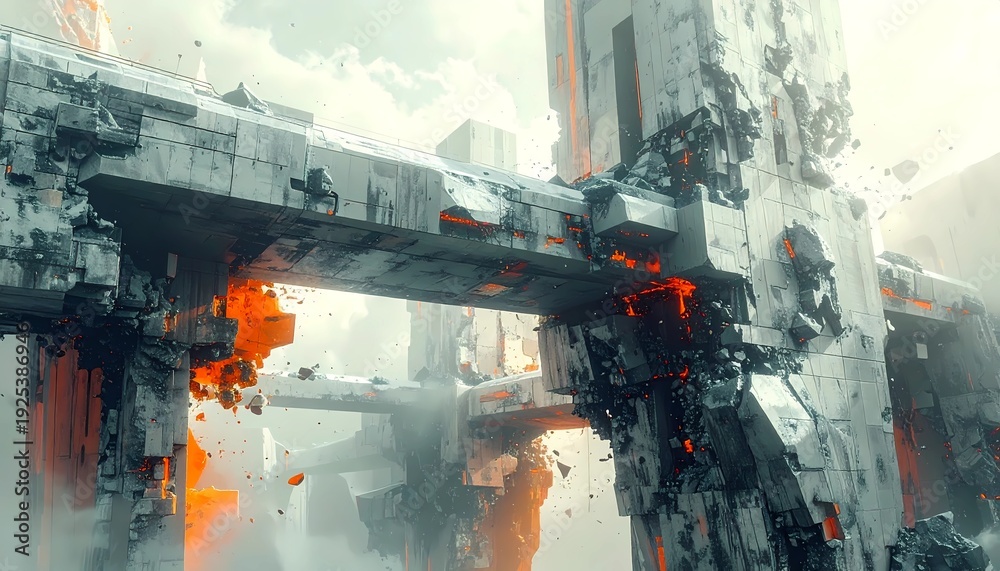 Obraz premium Abstract fantasy art featuring massive stone structures and futuristic architecture in decay, symbolizing power, transformation, and impermanence.