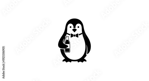 Stylish Cartoon Penguin with Bow Tie Holding a Bottle - Monochrome Vector Illustration