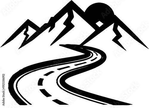 Winding road leads through jagged mountains towards a setting sun