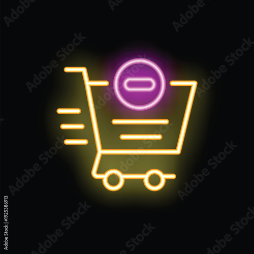 Neon shopping cart losing items with a minus sign icon on a black background