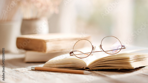 Reading glasses resting on an open book near a window
