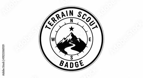Terrain Scout Badge Logo with Mountain, Compass, and Winding Path
