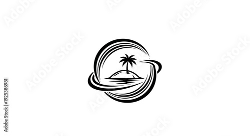 Tropical island palm tree logo design with abstract waves
