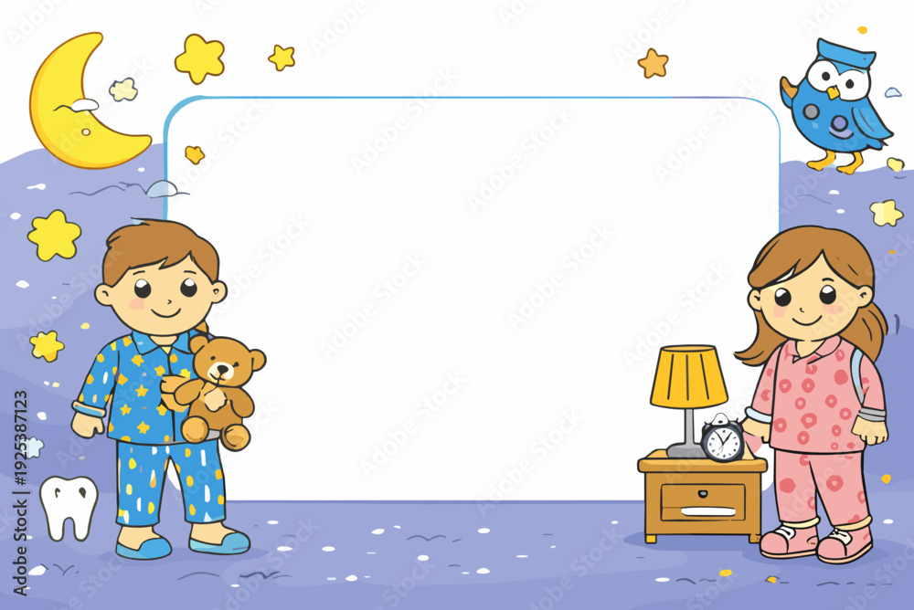 Fototapeta premium Bedtime night frame with kids in pajamas, teddy bear, moon, stars, owl and bedside lamp with alarm clock. Flat cozy sleep routine vector border on white, rounded frame. Blank center.