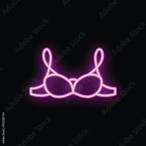 Neon sign representing a bra, glowing pink on a black background