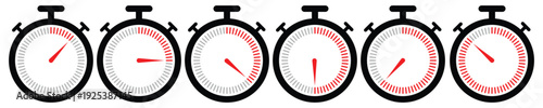 Minimalist Stopwatch Timer Vector Set Featuring Circular Countdown Clocks with Red Progress Indicators and Various Time Intervals on Transparent Background
