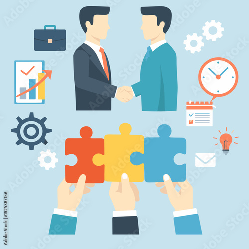 Flat partnership and teamwork illustration with two businessmen shaking hands while hands hold three puzzle pieces. Business icons show strategy, planning, time, email and idea on blue.