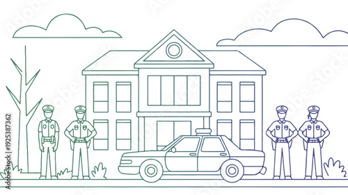 Police officers standing in front of a house with a police car