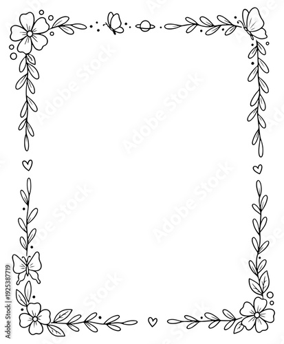 A delicate hand-drawn rectangular floral border featuring leaves, small flowers, and butterflies. Perfect for wedding invitations, greeting cards, and creative stationery projects.
