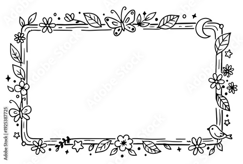 A whimsical black and white hand-drawn rectangular frame featuring flowers, leaves, butterflies, stars, and a bird in a doodle art style for creative projects.